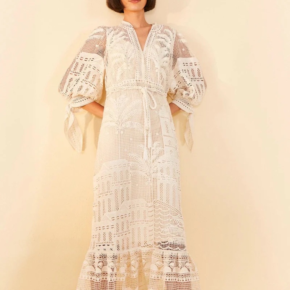 Farm Rio Off-White Morada Boa Guipure Dress